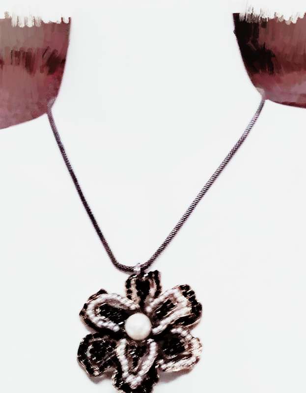 Necklace pendant  Large flower+black small Rhinestones + faux pearls added spring rings +snake chain