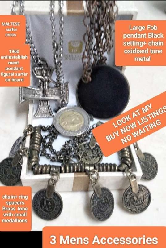 Mens accessories 3 All for 1 Bid on chains MALTESE surfer cross+Large black FOB+Multiple small medal