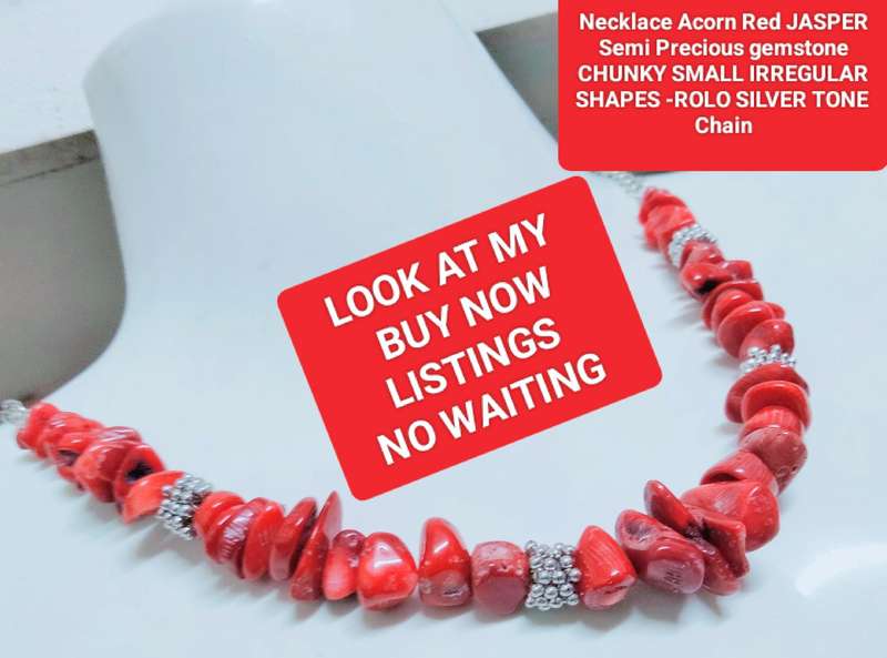 Necklace RED JASPER QUARTZ Acorn red grey quartz veins mix small Chunky semi PRECIOUS GEMSTONE+Chain