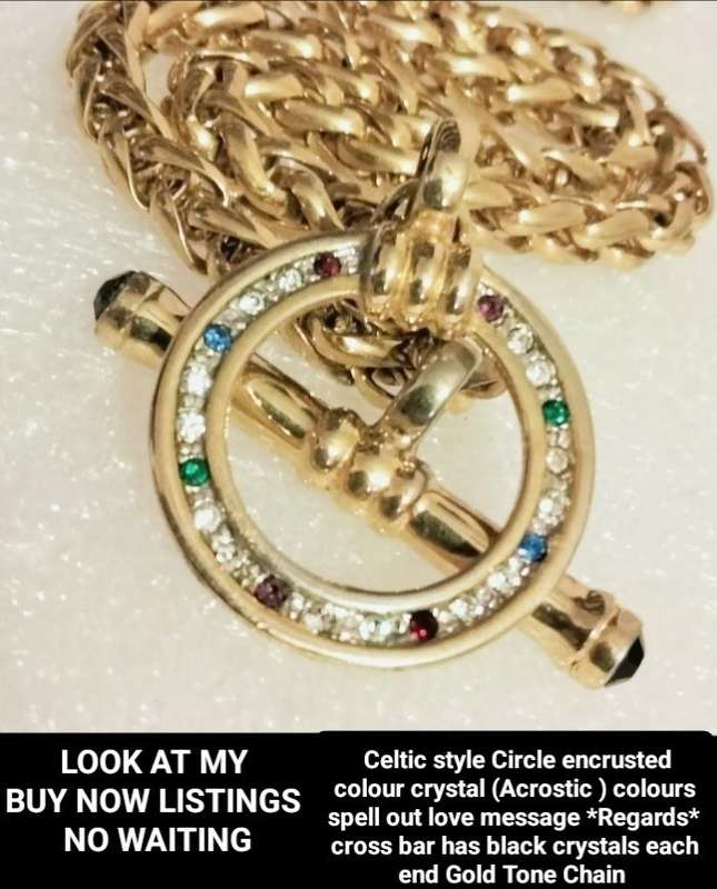 Celtic Style Circle Crystal Cross Bar Black Crystal Acrostic Word-Regards-Gold Tone belcher Chain