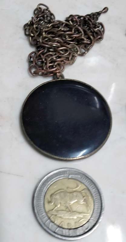 Chain + Pendant Oxidised style LARGE BLACK FOB Medallion faux Onyx