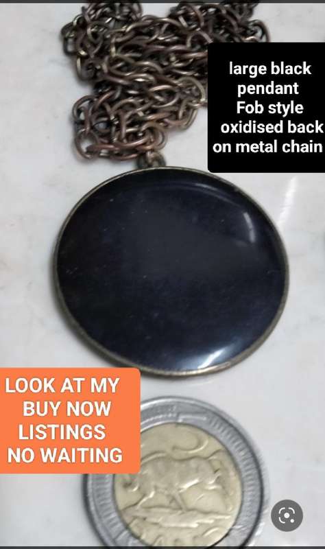 Chain + Pendant Oxidised style LARGE BLACK FOB Medallion faux Onyx