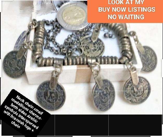 Pendant small charms on Neck Chain oxidation setting+ Chain - small Arabic symbols medallion+ spacer