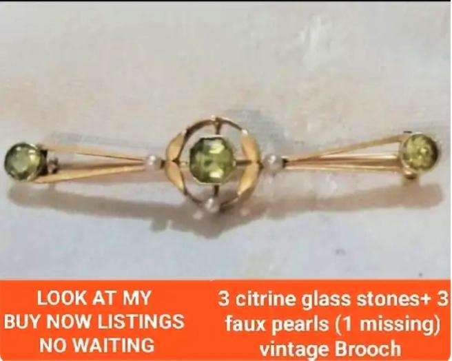 Vintage Citrine glass stones+Faux pearls Brooch Gold tone LOOK At My BUY NOW-NO WAITING