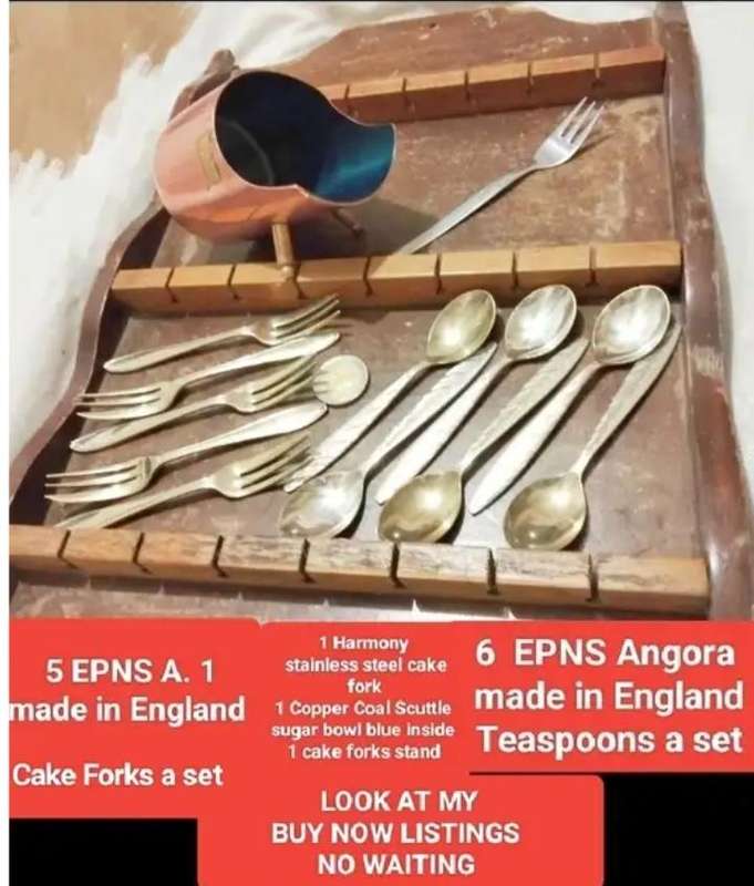 14 Items-6 Tspoons-5 Cake Forks-1 fork-1 COPPER Sugar bowl  blue Coal Scuttle Wood cake fork stand