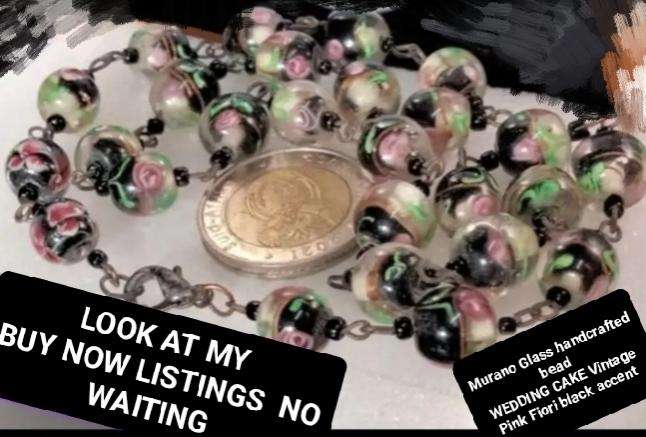Necklace-  Murano -WEDDING Cake -pink rose black accent lampwork Glass handcrafted Vintage beads