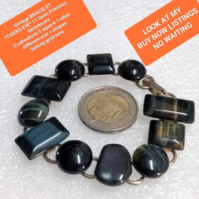 1970 Bracelet - TIGER EYE -Semi Precious Gemstone  Gold tone metal LOOK at my BUY NOW NO WAITING