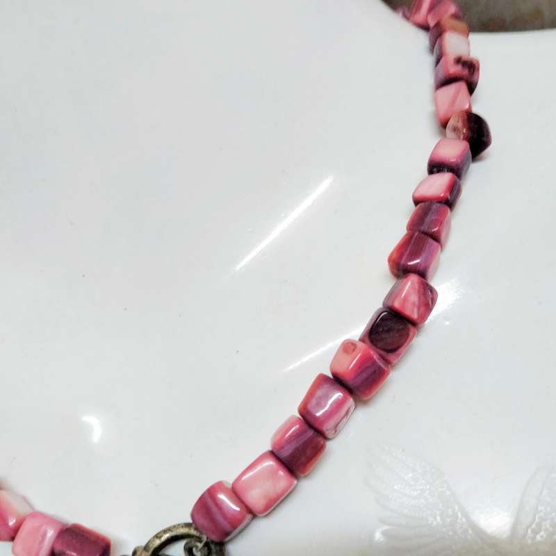 2 Necklaces Gemstones PINK+Gold Brown square cube Indian agate beads Art deco style