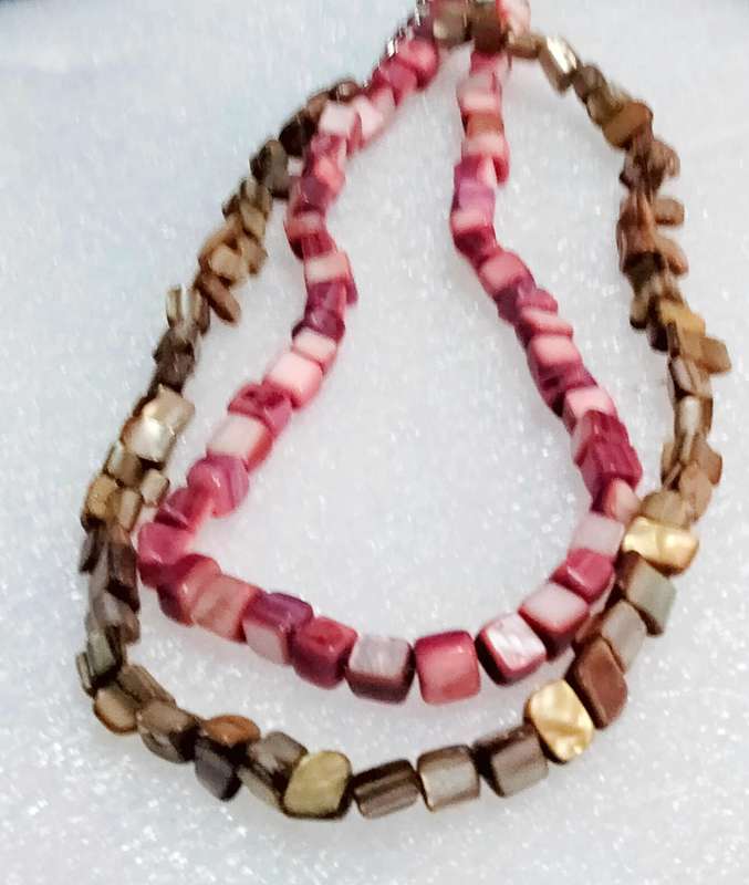 2 Necklaces Gemstones PINK+Gold Brown square cube Indian agate beads Art deco style