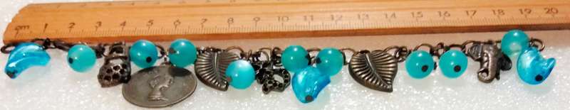 BRACELET Vintage Murano 12  blue lampwork glass beads handcrafted +6 Charms chain Oxidised style