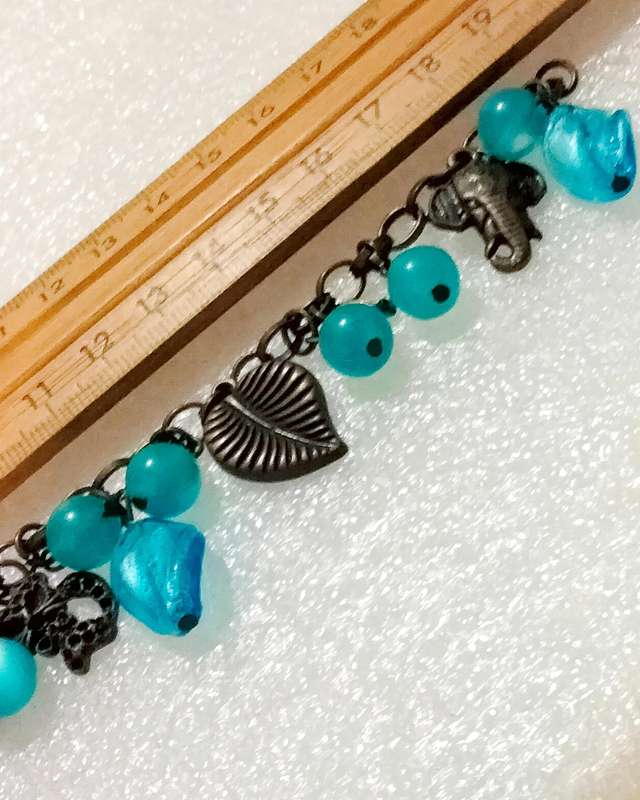 BRACELET Vintage Murano 12  blue lampwork glass beads handcrafted +6 Charms chain Oxidised style