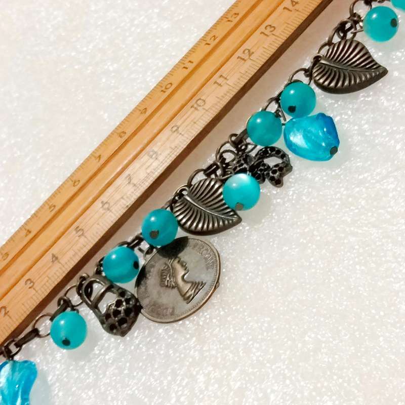BRACELET Vintage Murano 12  blue lampwork glass beads handcrafted +6 Charms chain Oxidised style
