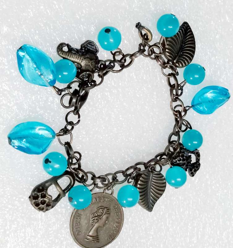 BRACELET Vintage Murano 12  blue lampwork glass beads handcrafted +6 Charms chain Oxidised style