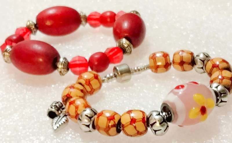 BRACELETS 2 vintage -1 European LARGE MURANO glass+1 stretch Red big Wood beads mix other