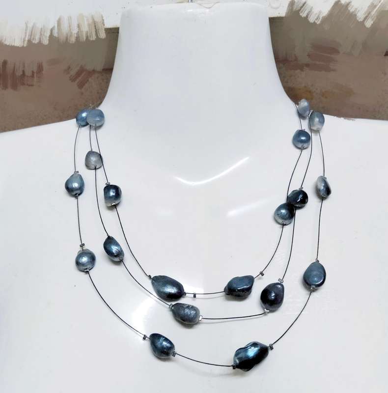 Necklace 3 Strand Blue  Fresh Water PEARLS - LOOK At My BUY NOW LISTINGS NO WAITING