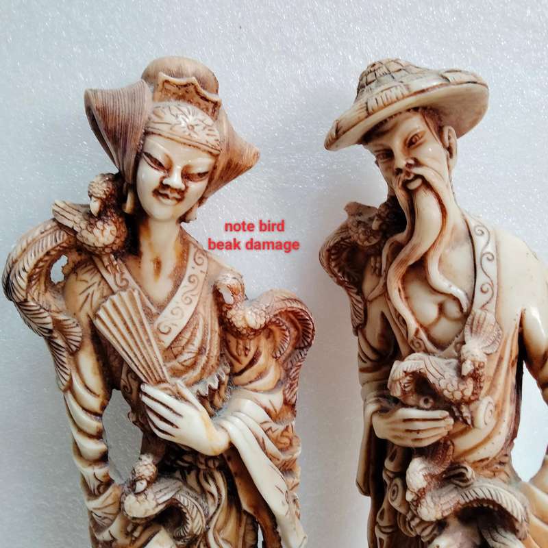 2 SET Man+Lady ORIENTAL figurines-Intricately carved details  COMPOSITE materials -All fo1 BID-chips