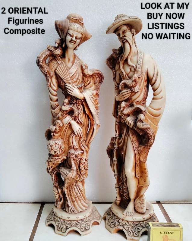 2 SET Man+Lady ORIENTAL figurines-Intricately carved details  COMPOSITE materials -All fo1 BID-chips