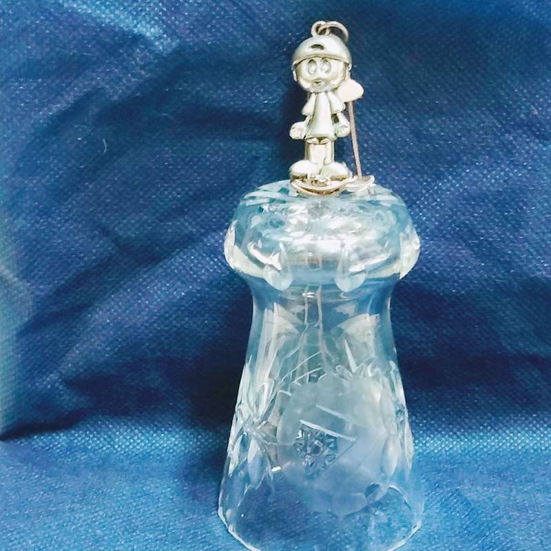 Crystal ROSE cut glass Posy bud Vase top rim-Crimped-Thumbie-Star base +Boy Silver tone Charm+ chain