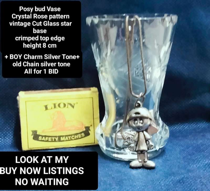 Crystal ROSE cut glass Posy bud Vase top rim-Crimped-Thumbie-Star base +Boy Silver tone Charm+ chain