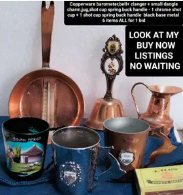 Copperware- Barometer in Pan hole to hang 1Bell, clanger+charm, small jug+1Shot mug+1 chrome+1 metal