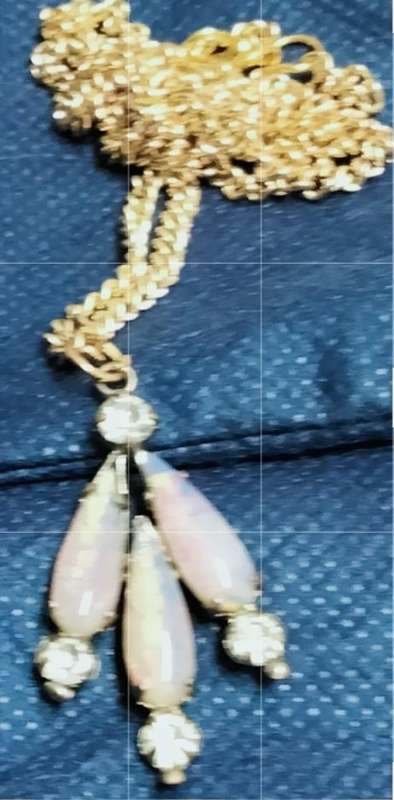 NECKLACE Pendant 3 faux Opals 4 Crystals Clear cut glass faceted + Chain gold tone