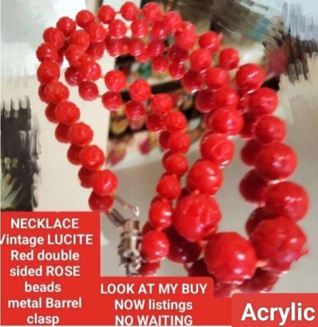 Necklace Vintage Lucite Acrylic Red Rose on each side of bead barrel clasp