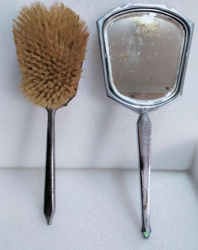Art Deco Silver plate vanity bevelled Glass Mirror+hair Brush Not Set LOOK at My BUY NOW-NO WAITING