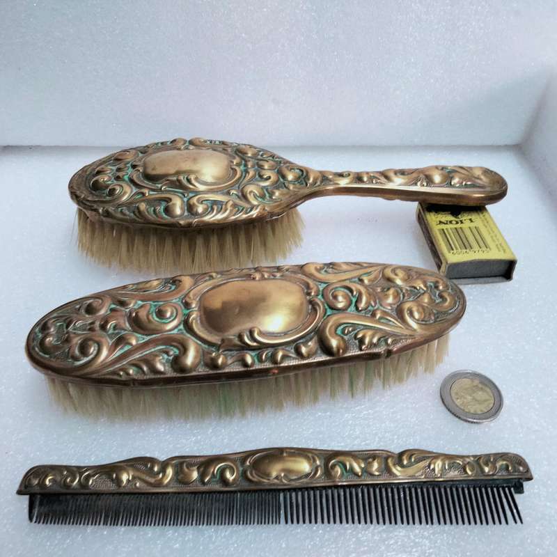 1900s Antique Art Nouveau Clothes Brush+Brush+Comb Set -Silver Plated all lost -Showing ware