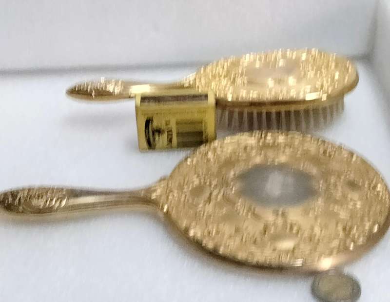 1950s 1 BRUSH+MIRROR SET Gilded Tone metasmall roses Vanity dressing table decor- heavy some ware