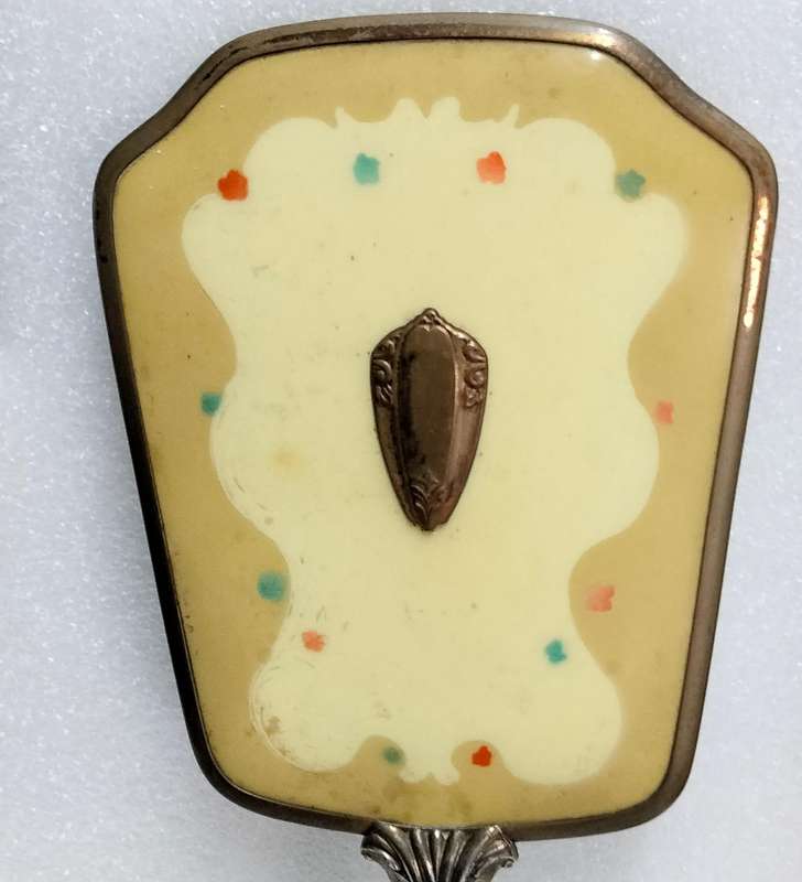 Yellow back Hand MIRROR  Art Deco style long metal handle