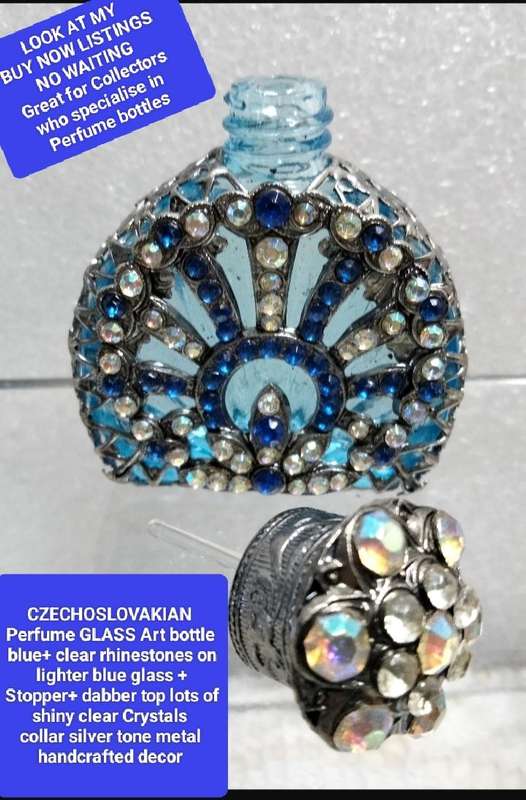 1 Czechoslovakia Perfume bottle blue Silver tone overlay Handcrafted Exceptional
