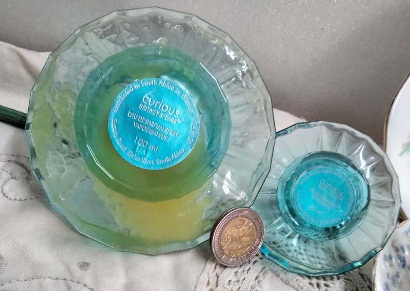 2 Perfume bottles Britney Spears blue glass 1has tassel+pump EmptyLOOK At My BUY NOW itemsNO WAITING