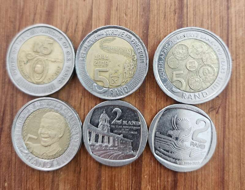 SA commemorative R5 + R2 coins