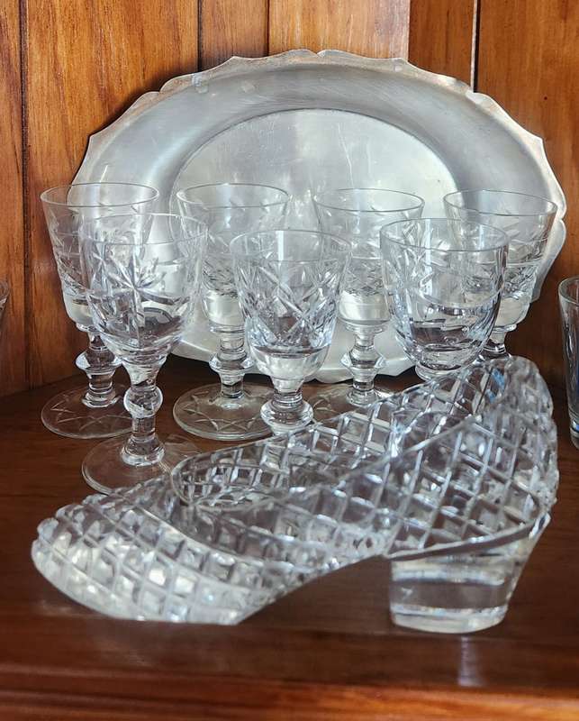Vintage Cut Glass slipper/ shoe plus crystal wine glasses plus EPNS tray