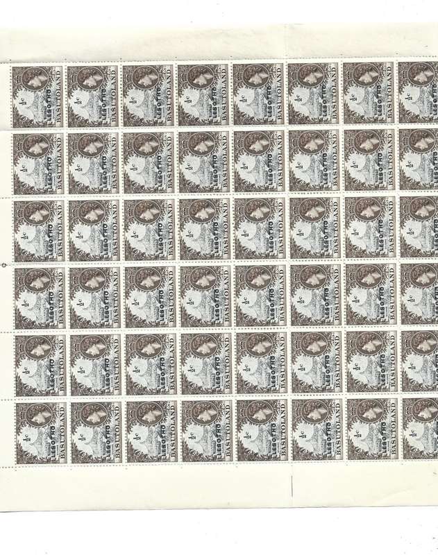 Basutoland half cent overprinted Lesotho MNH part sheet of 48 folded as scanned