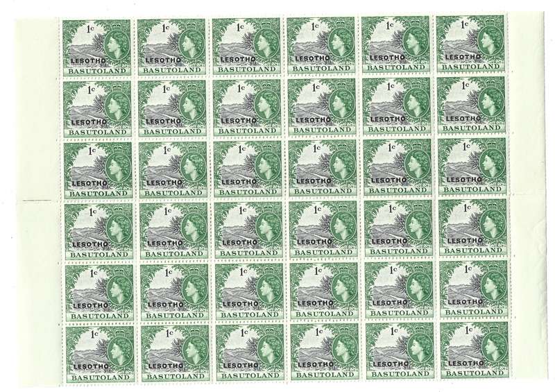 Basutoland part MNH sheet of 36  1c  folded in the middle overprinted Lesotho