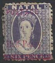 Natal SACC 107ba surcharged in red 1st stamp has long T and A others normal all are hinged mint.