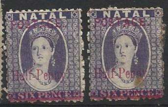 Natal SACC 107ba surcharged in red 1st stamp has long T and A others normal all are hinged mint.