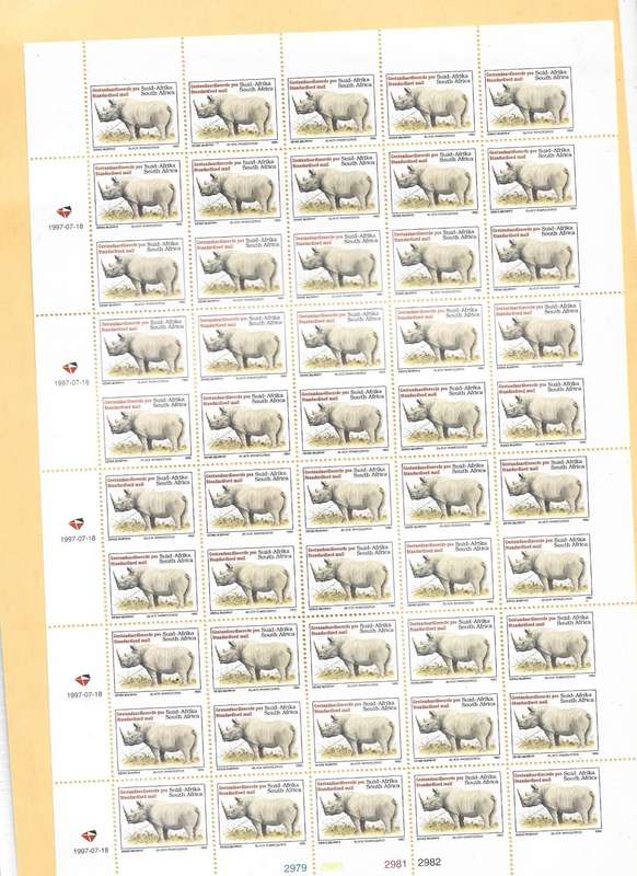 RSA SACC831c MNH full sheet Black Rhinoceros cat value R400
