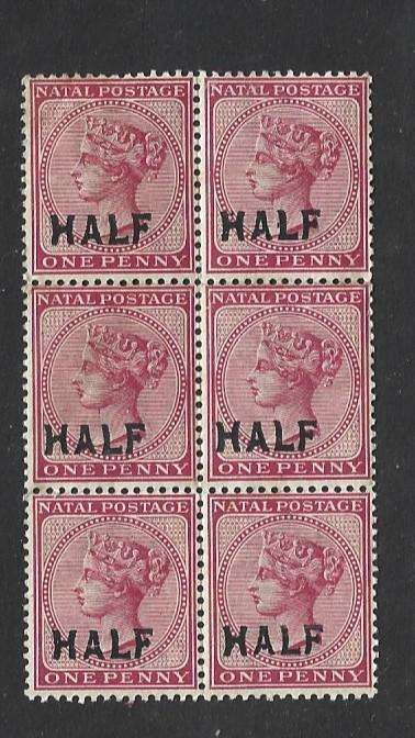 Natal SACC 108 MNH block of six half overprint  on 1d back and front scannned