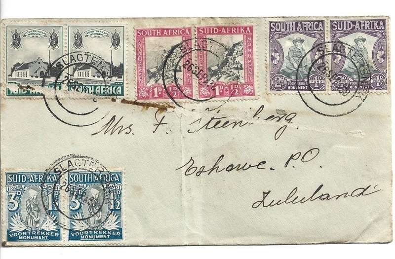 SA Union Voortrekker Monument set on plain cover cancelled Slagtersnek cancelled 26/9/38