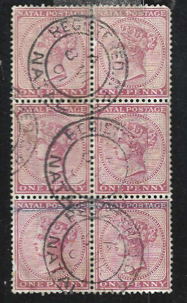 Natal Queen  Victoria used block of six watermark Crown over CA.