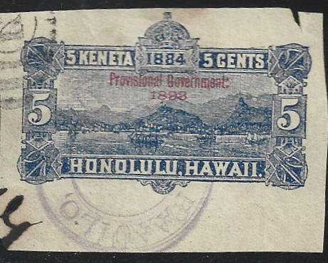 Hawaii Honalulu 1884  5cent embossed overprinted provisional Government 1893 in red per scan