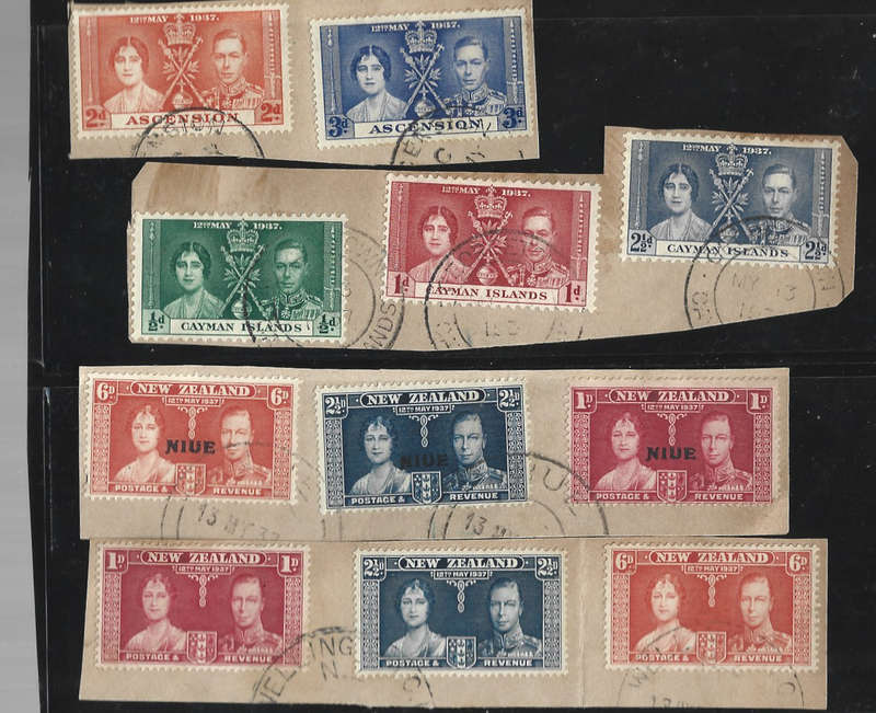 KGV1 Coronation used sets on piece cancelled by country of origin on  two scans