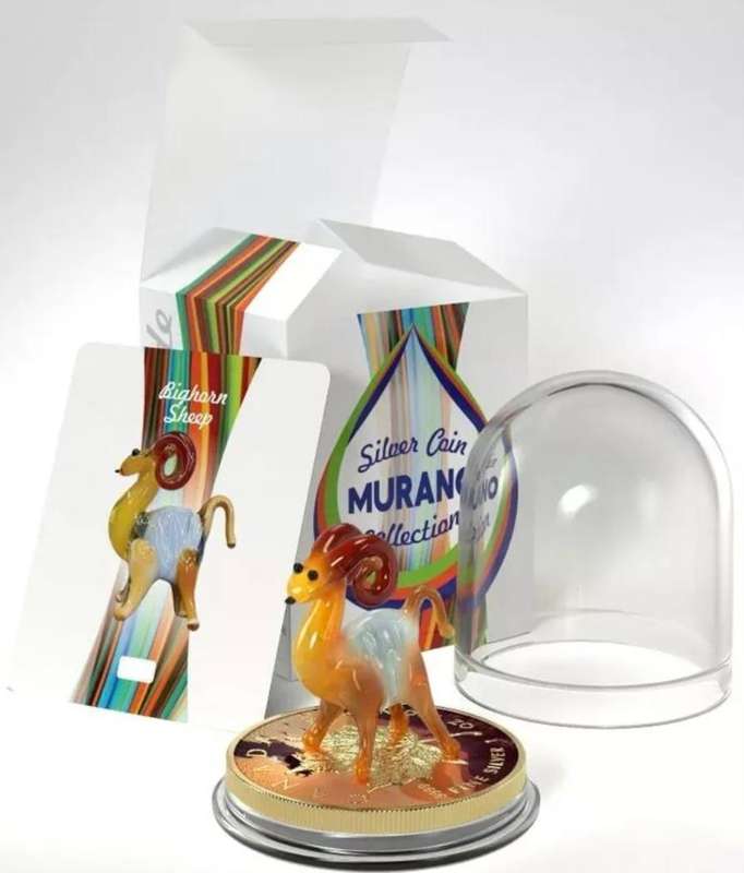 Murano Glass Series Bighorn Sheep Maple Leaf $5 (1oz) Canada Silver Coin of 2022 Colourised Figurine