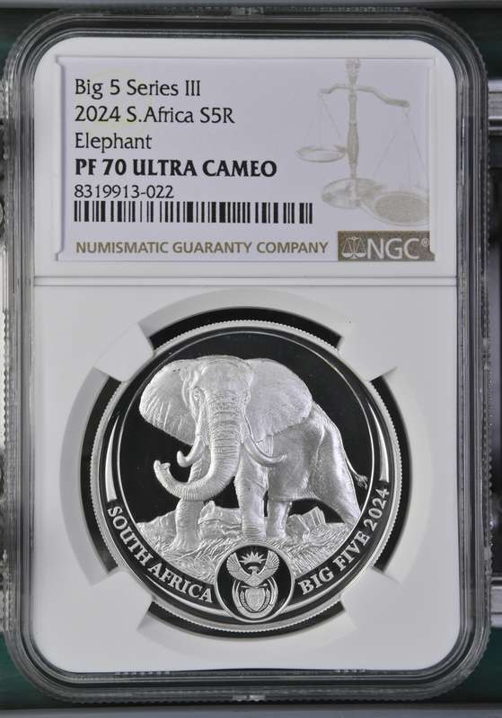 South Africa  1oz Silver SR5 Big 5 Series 3 - Elephant of 2024 Proof 70 Ultra Cameo NGC Graded PF70