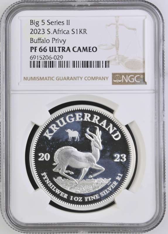 South Africa 1oz Silver Krugerrand R5 Big 5 Buffalo Privy 2023 NGC Graded Proof 66 Ultra Cameo PF66