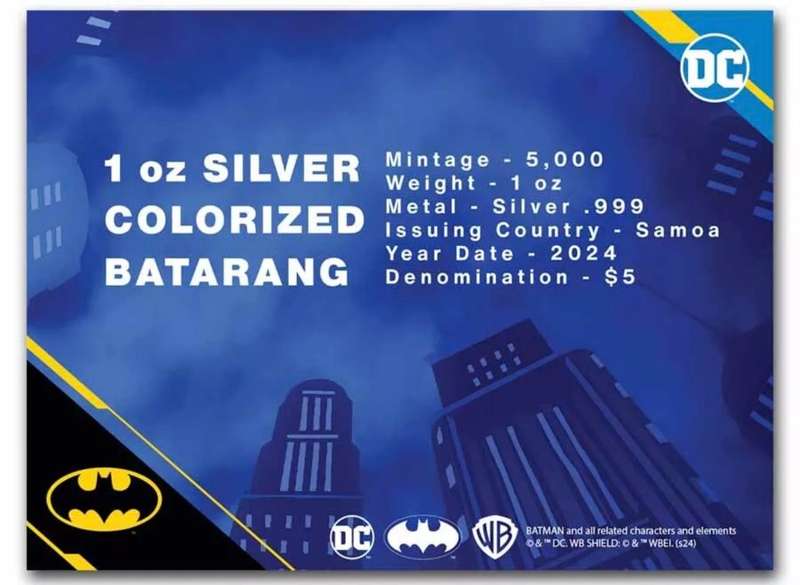 Batman Batarang Shaped Colourised 1oz Silver $5 2024 Samoa