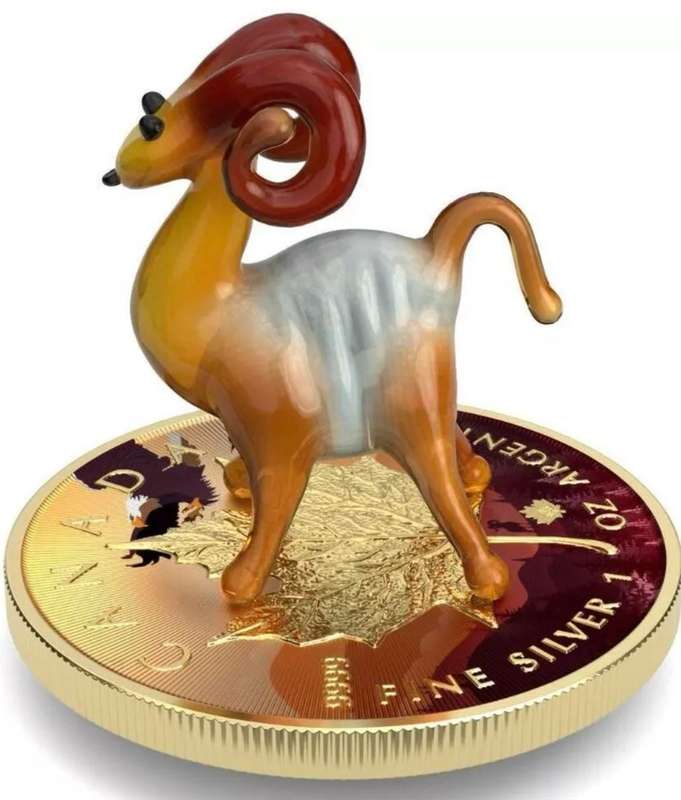 Murano Glass Series Bighorn Sheep Maple Leaf $5 (1oz) Canada Silver Coin of 2022 Colourised Figurine
