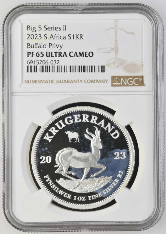 South Africa 1oz Silver Krugerrand R5 Big 5 Buffalo Privy  2023 NGC Graded Proof 65 Ultra Cameo PF65